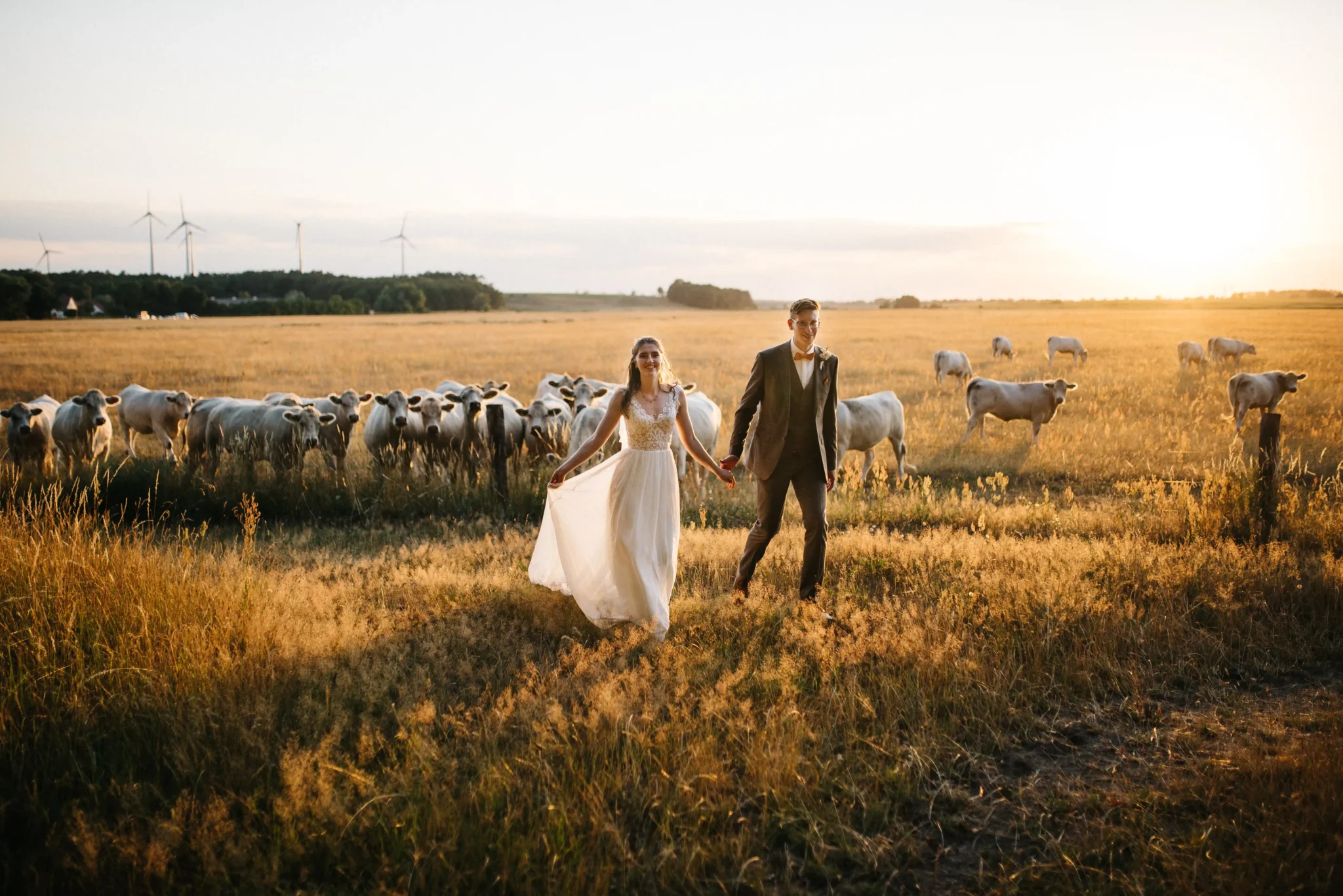 Tierische Zuschauer beim ungestellten Paarshooting auf einer Landhochzeit in Brandenburg